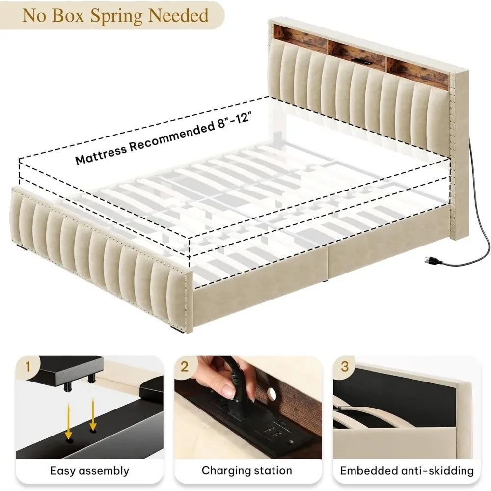 Queen Size Bed Frame with 4Storage Drawers and RGB LED Lights, Velvet Upholstered Platform Bed with Charging Station and Storage
