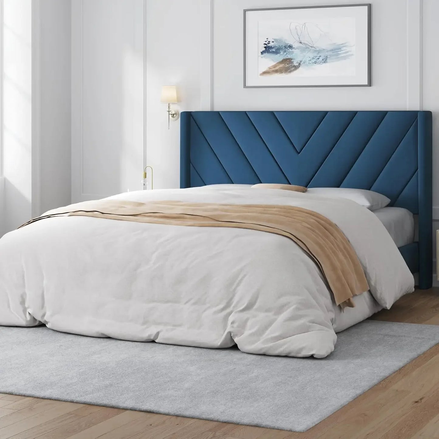 Bed Frame Upholstered Platform Bed with Wing Side/Wooden Slat Support/Tufted Headboard with Wing Side/Mattress Foundation