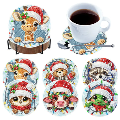 6Pcs Wooden Christmas Animals Diamond Painting Coasters DIY Coaster Diamond Dot Kits Round Diamond Art Coasters for Party Decor