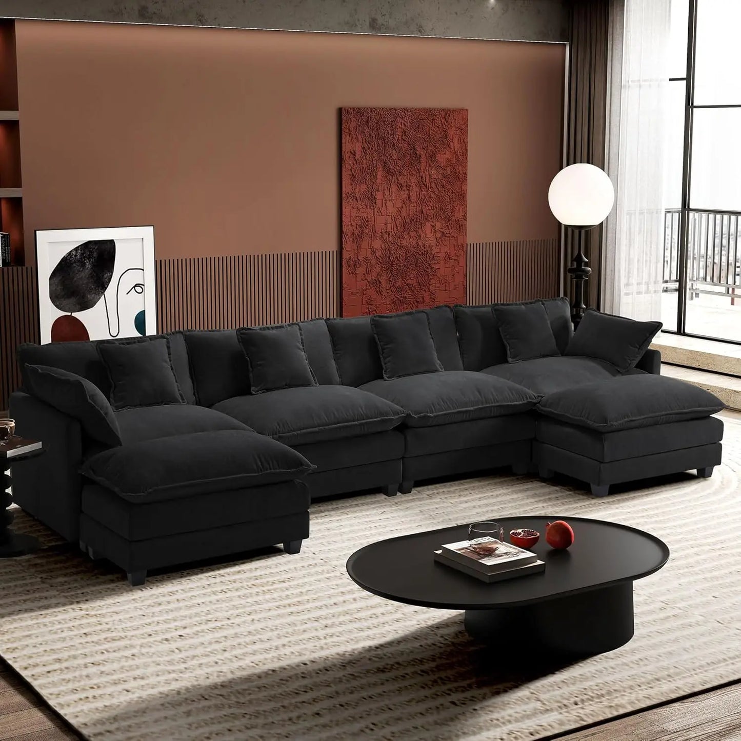 146" U-Shaped Modern Sofa Modular Sectional Cloud Couch with 2 Ottoman, 6-Seat Chenille Deep Seat Sofa with 6, Customized