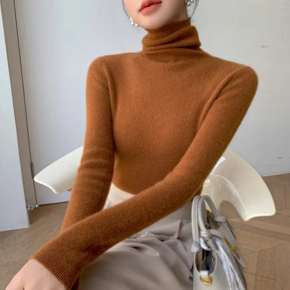 Women Long Sleeve Knitted Pullover Solid Casual Slim Sweater 2025 Autumn Winter Turtleneck Warm Jumper Simple Base Layer Top