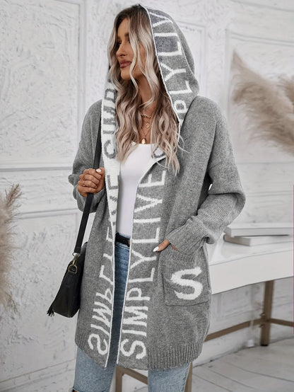 Autumn and Winter New Fashion Woman Sweater Long Cardigan Hooded Tops Letter Knit Sweater Jacket Women's Clothing