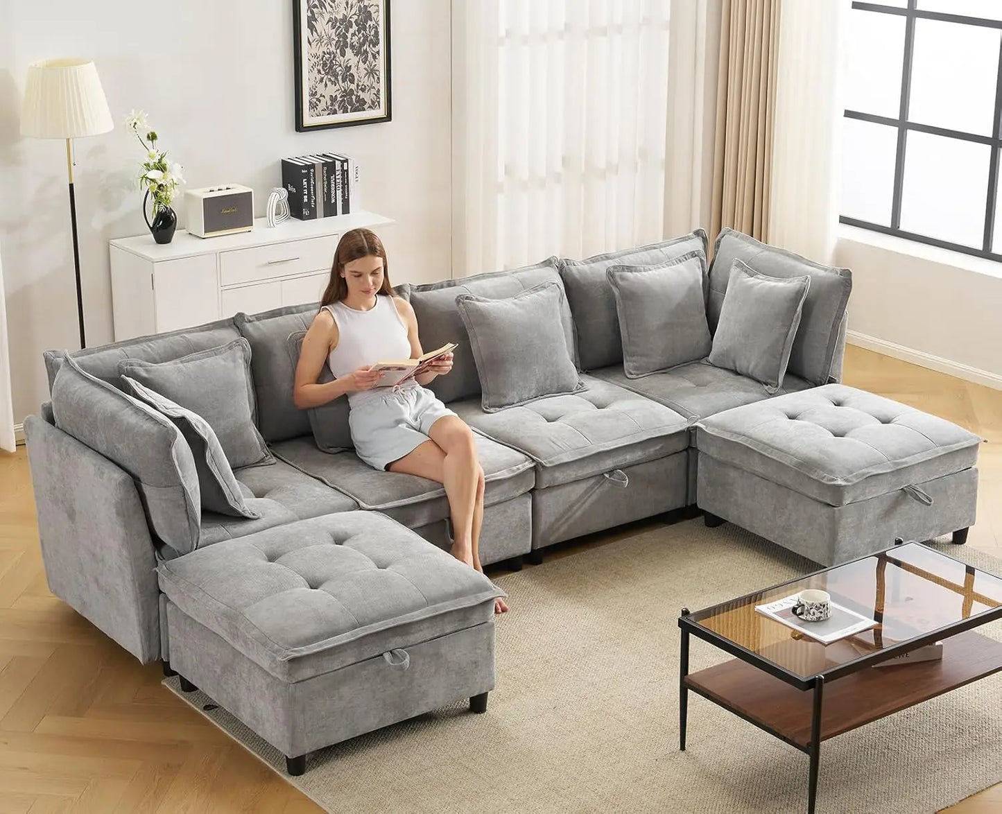 133' U-Shaped Modern Sofa Oversized L-Shaped Sectional Cloud Couch with 2 Ottomans Customizable Home Theater Seating Group