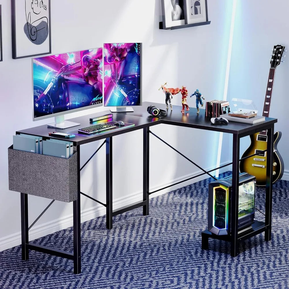 Corner Computer Desk - L-Shaped Gaming and Home Office Desk with CPU Stand and Side Storage