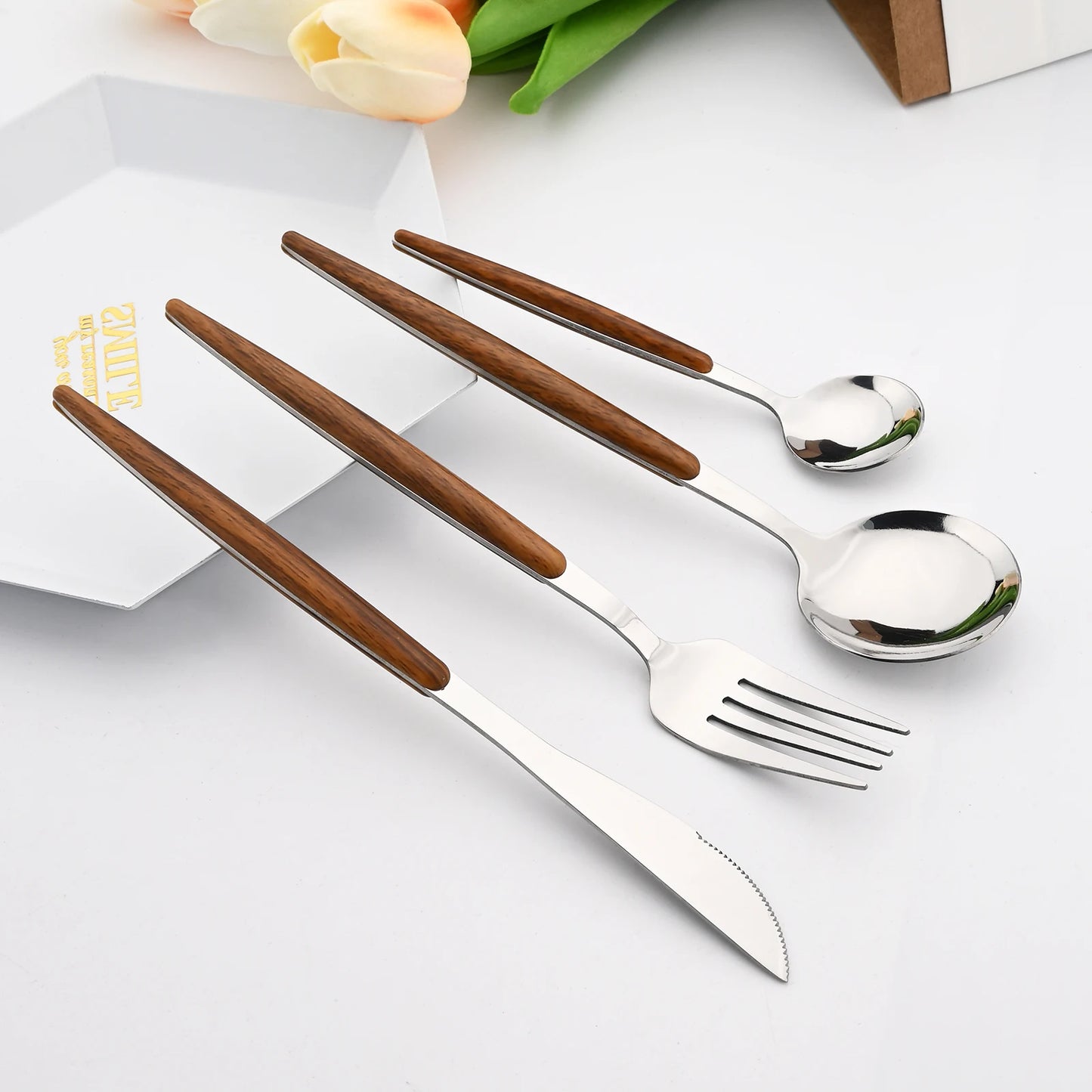 Drmfiy 24Pcs Brown Silver Dinnerware Stainless Steel Imitation Wooden Handle Silverware Knife Spoon Fork Cutlery Set Tableware