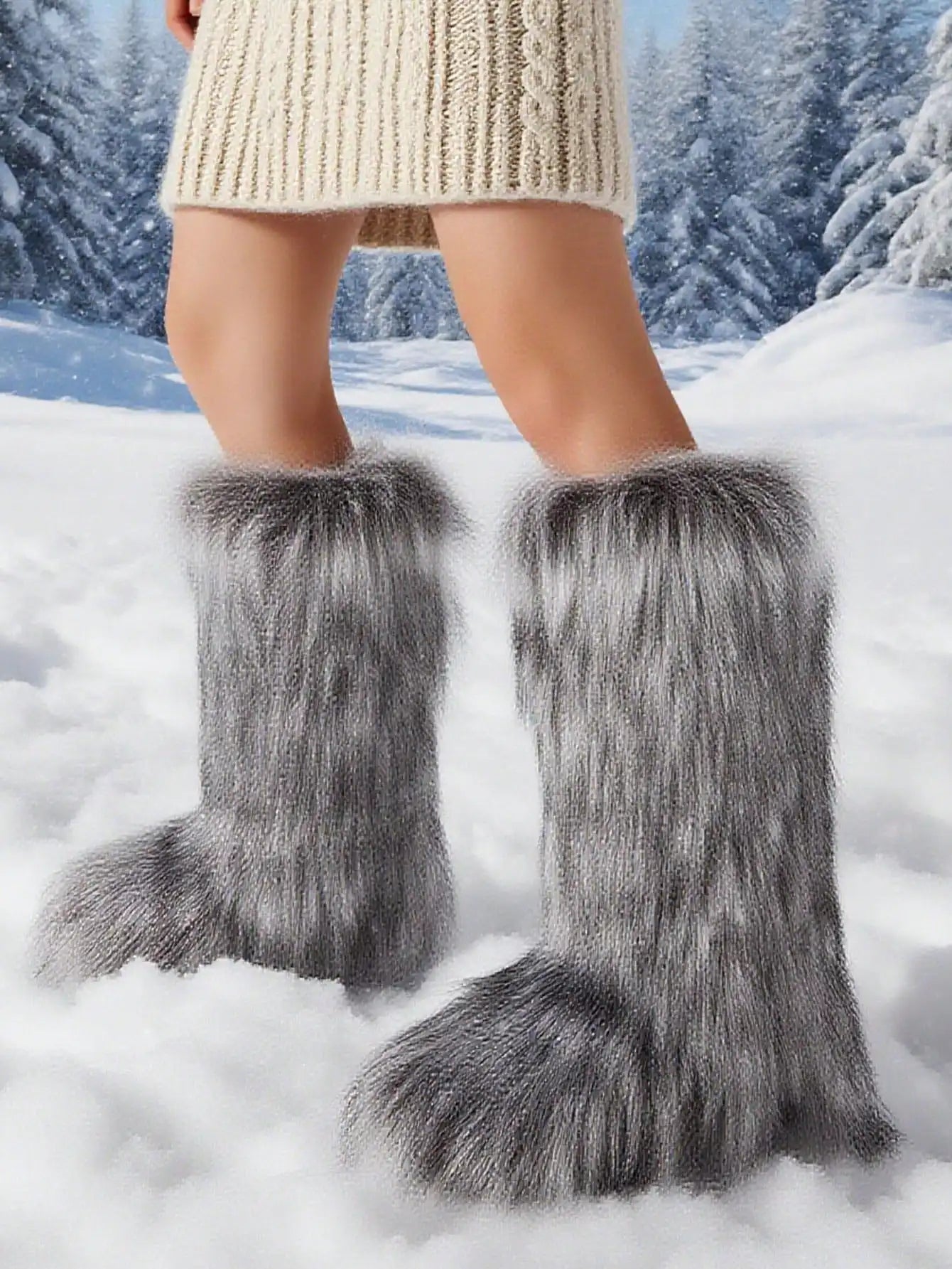 Furry Fluffy Women Snow Boots Warmplush Knee High Flats Luxury Fashion Punk Goth Cosplay Women Winter Shoes