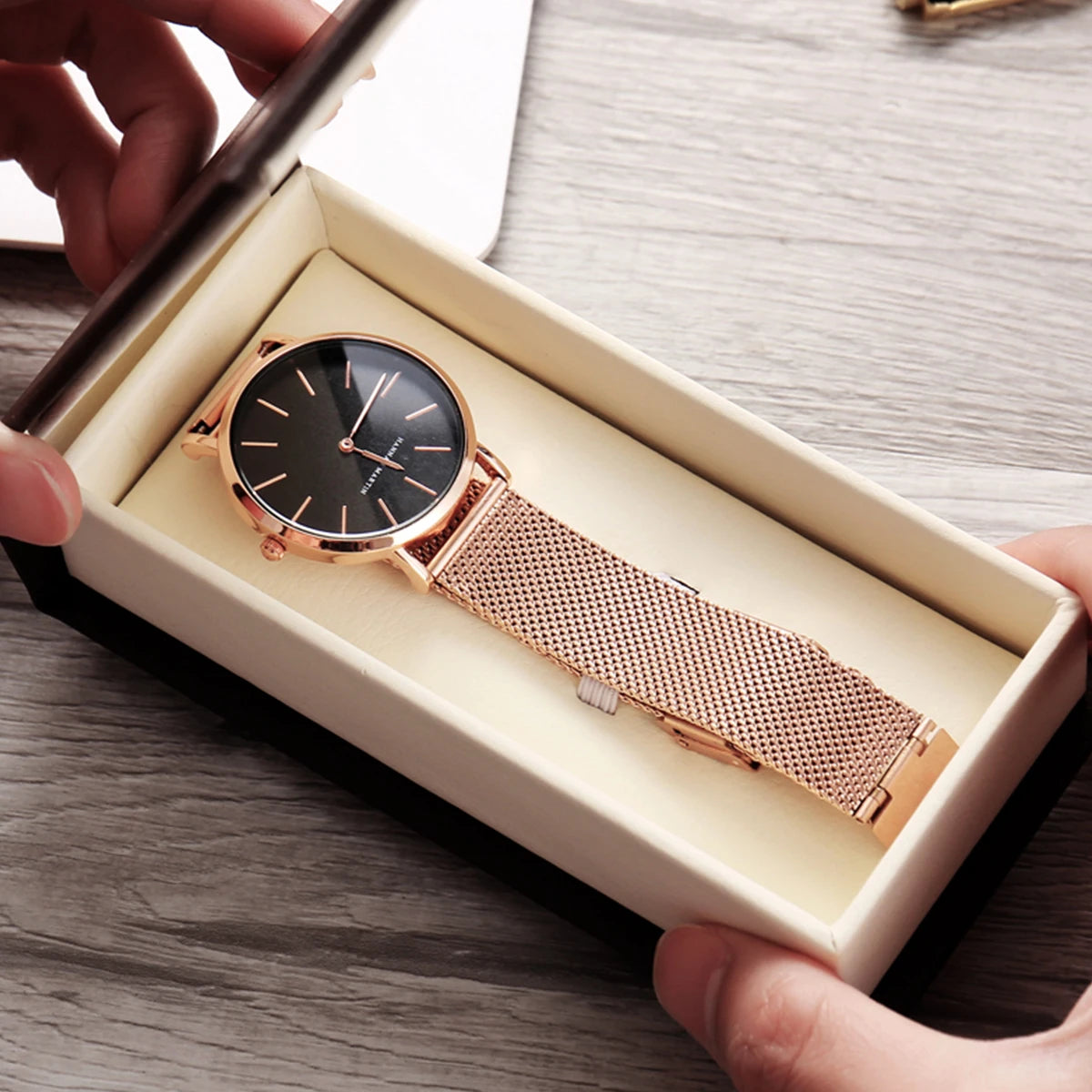 36mm New Women Watches US Local Shipping Rose Gold Black Simple Japan Quartz Ladies Stainless Steel Ultra Thin Waterproof Watch