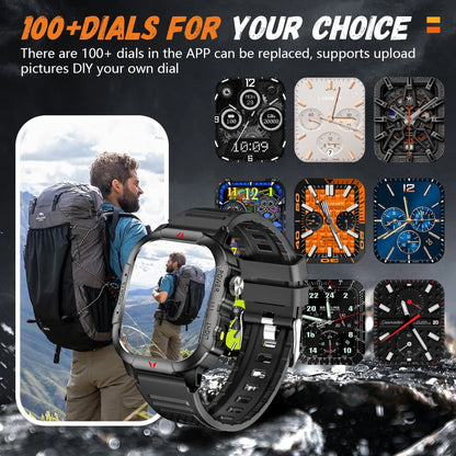 LAXASFIT 2025 New Men Smart Watch LED Flashlight BT Call 100+ Sports Modes Health Monitoring IP68 Waterproof Outdoor Smart Watch