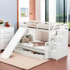 SOFTSEA Twin Over Twin Low Bunk Beds with Slide and Stairs, No Box Spring Needed