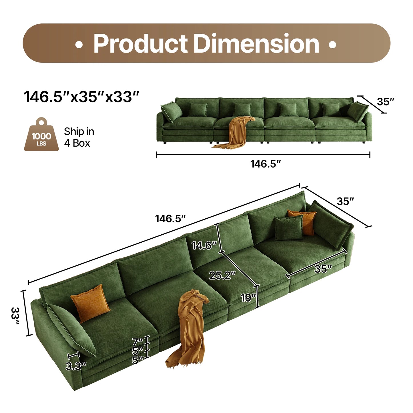 111.5" L Shaped Modern Sofa Modular Sectional Cloud Couch with Ottoman, 4-Seat Chenille Deep Seat Sofa with Pillow for Living Ro
