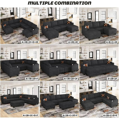 Chenille Modular Sectional Sofa Convertible L Shaped Corner Couches for Living Room with Storage Armrest with Cup Holder Dark G