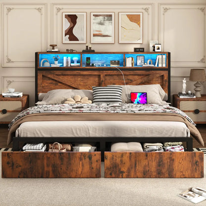 Farmhouse King Bed Frame with Bookcase Storage Headboard, Charging Station, LED Light and 2 Storage Drawers, Noise, Customized