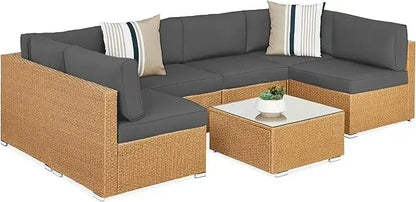 7-piece modular outdoor sectional wicker patio conversation set w/ 2 pillows, coffee table, cover included - natural/gray