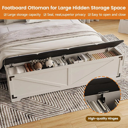 Farmhouse Queen Size Bed Frame with Headboard and Storage Ottoman, Sliding Barn Door & 4 Drawers, LED Lights and, Customized