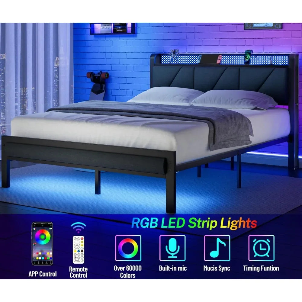 Platform Metal Bed Frame with Headboard And LED Lights Upholstered Bedframe with Charging Station And USB Port