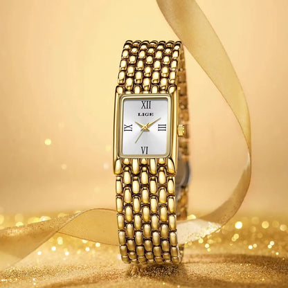 LIGE Luxury Golden Womens Wristwatch Square Quartz Steel Watch for Woman Elegant Bracelet Waterproof Fashion Ladies Watches+Box