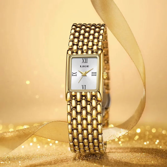 LIGE Luxury Golden Womens Wristwatch Square Quartz Steel Watch for Woman Elegant Bracelet Waterproof Fashion Ladies Watches+Box