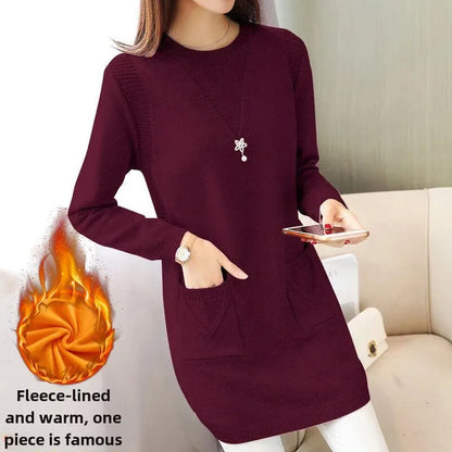 2024 New Style Korean Version Loose-Fit Medium-Length Knit Base Layer Top Women's Pullover Sweater Skirt Fleece-Lined Thickened