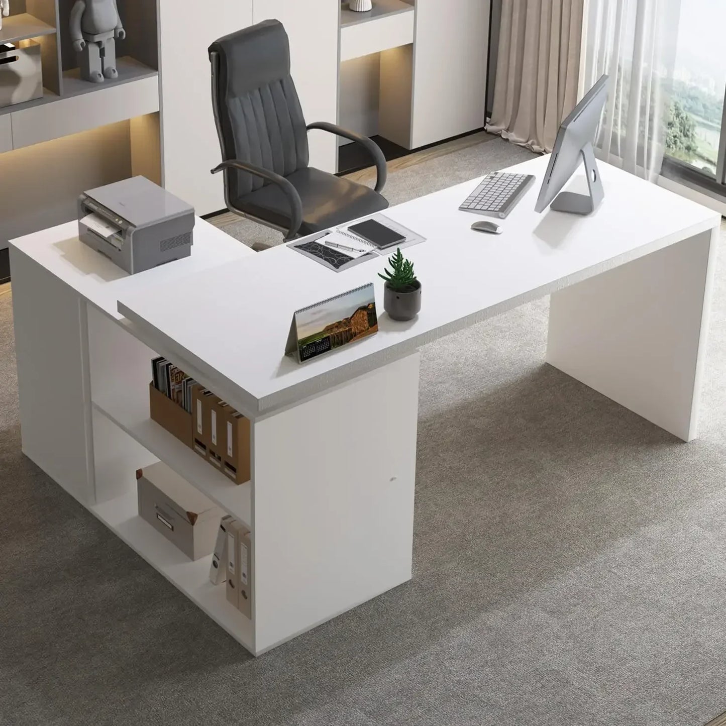 Hot saleHot-sellingWhite L-Shaped Computer Desk with 3 Drawers and 2 Shelves, Reversible Home Office Corner Desk for Writing Stu
