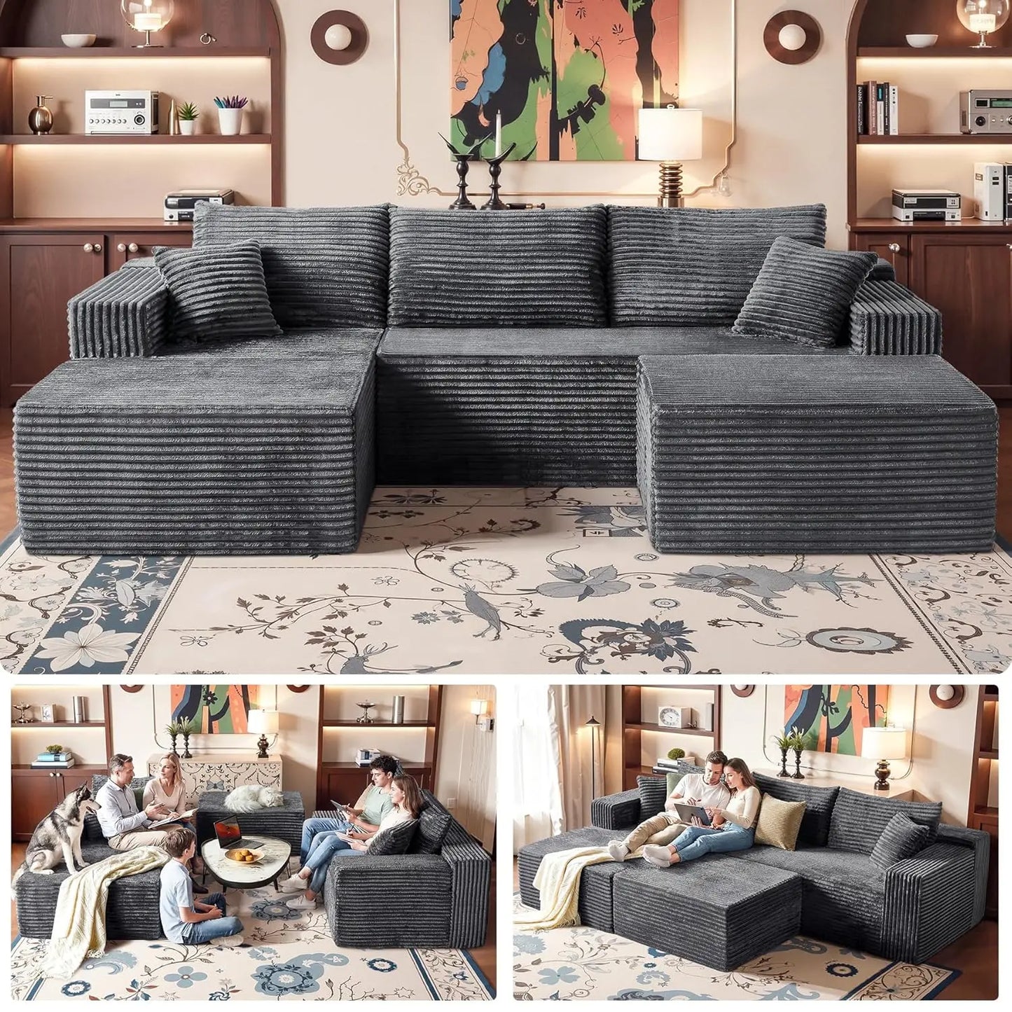 No Assembly Cloud Modular Sectional Sofa，108" U-Shape Corner Couch with Ottoman - Plush Corduroy, Deep Seating,Customized