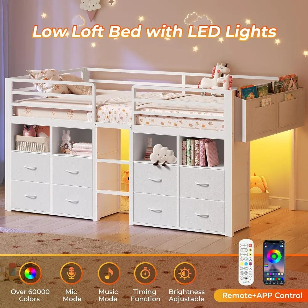 Low Loft Bed Twin Size with Storage Drawers, Bookcase, LED Lights, Safety Guardrail, Under-Bed Play Space