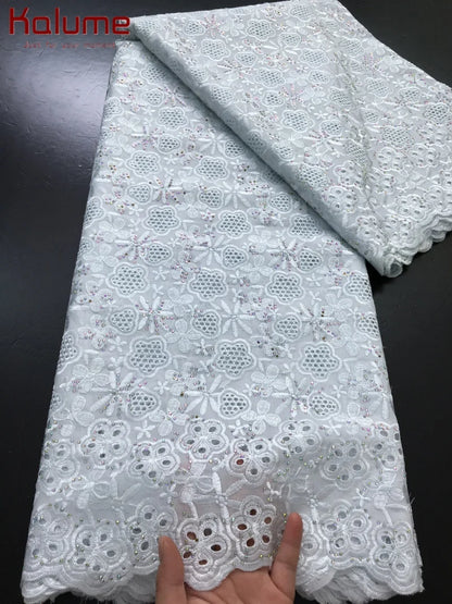 Kalume African Cotton Embroidered Lace Fabric With Stones 2025 Nigerian Swiss Voile Lace Fabric Flower For Sewing Dress F4325