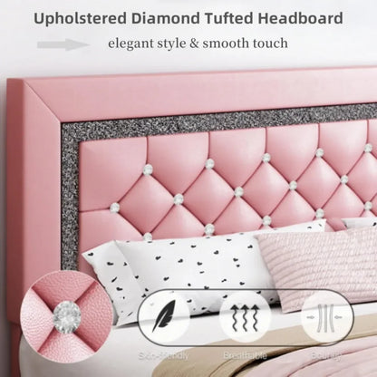 Frame with Tufted Button Headboard, Upholstered Platform Bed Frame with Diamond Design, Wood Slat Support