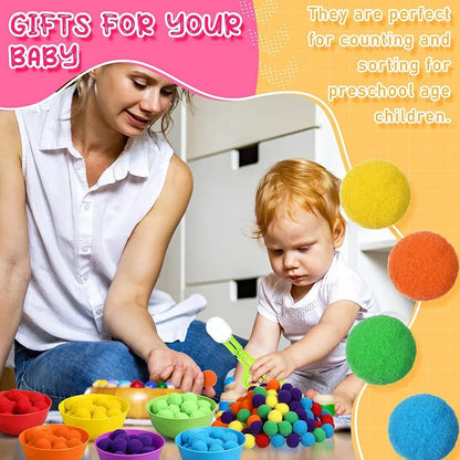 Rainbow Counting Set: Pom Poms Sorting Toys w/ Bowls & Tweezers for Kids, Fine Motor Skills Learning Montessori Math Toy