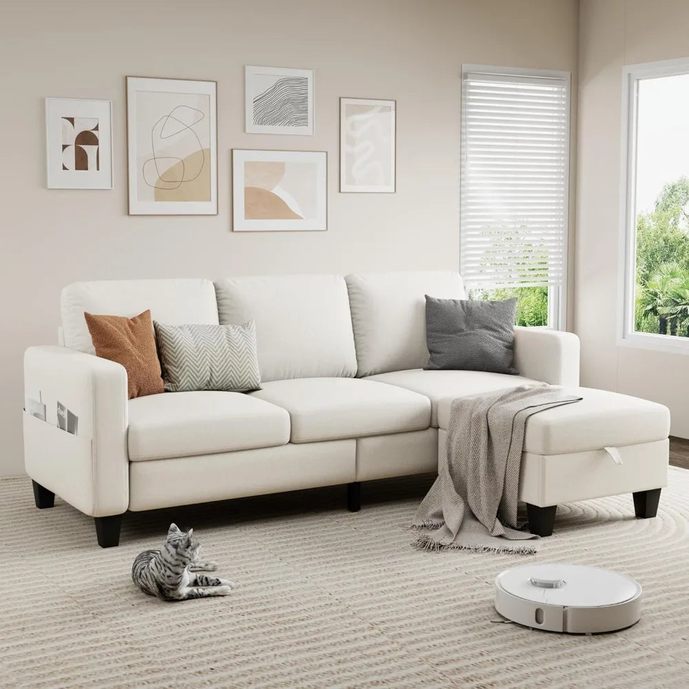 Sectional Sofa Couches for Living Room - 3 Seat L-Shaped Couch with Storage Ottoman, Comfy Fabric Convertible Sectionals