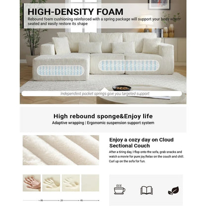 110" Modular Sectional Sofa, Corduroy Upholstered Deep Seat Couch for Living Room Bedroom, Left Facing Chaise Beige