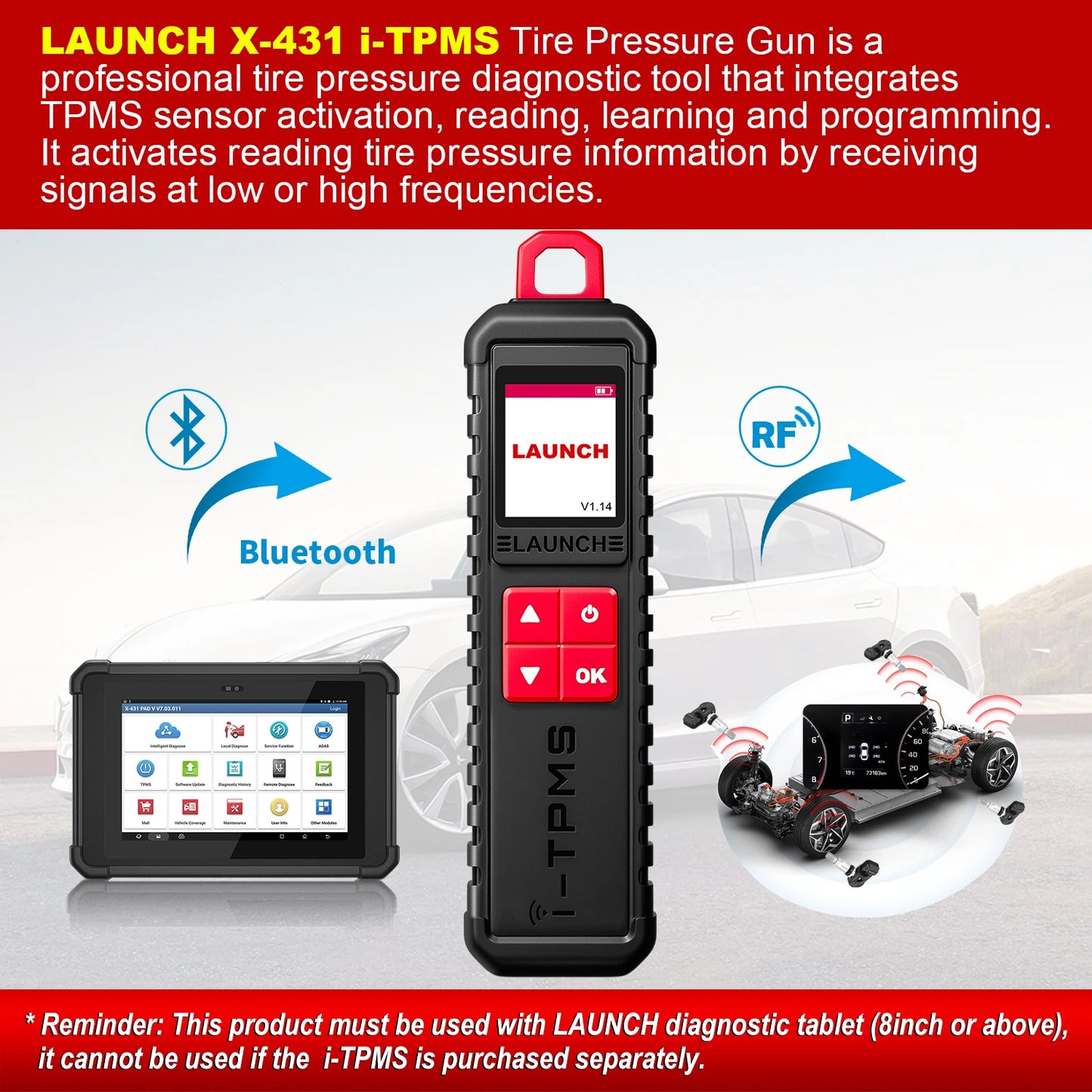 LAUNCH X-431 i-TPMS TPMS Tire Pressure Detector Relearning Tool, Activation/Relearning/Programming Sensors Works w/ X431 Scanner