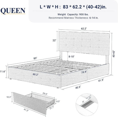 Upholstered Queen Size Platform Bed Frame with 4 Storage Drawers and Headboard, Square Stitched Button Tufted