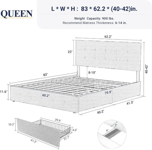 Upholstered Queen Size Platform Bed Frame with 4 Storage Drawers and Headboard, Square Stitched Button Tufted