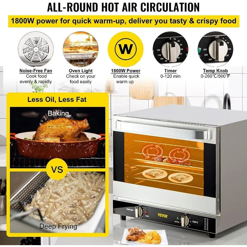 VEVOR Commercial Convection Oven, 66L/60Qt, Half-Size Conventional Oven Countertop, 1800W 4-Tier Toaster w/Front Glass Door
