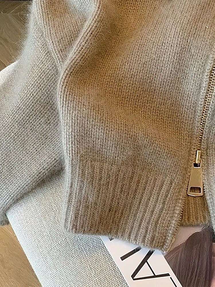 Patchwork Zipper Cropped Cardigan Women 400g Thick Autumn Knitted Sweater Bomber Jacket Vintage 2000s Short Fitted Knitwear Coat