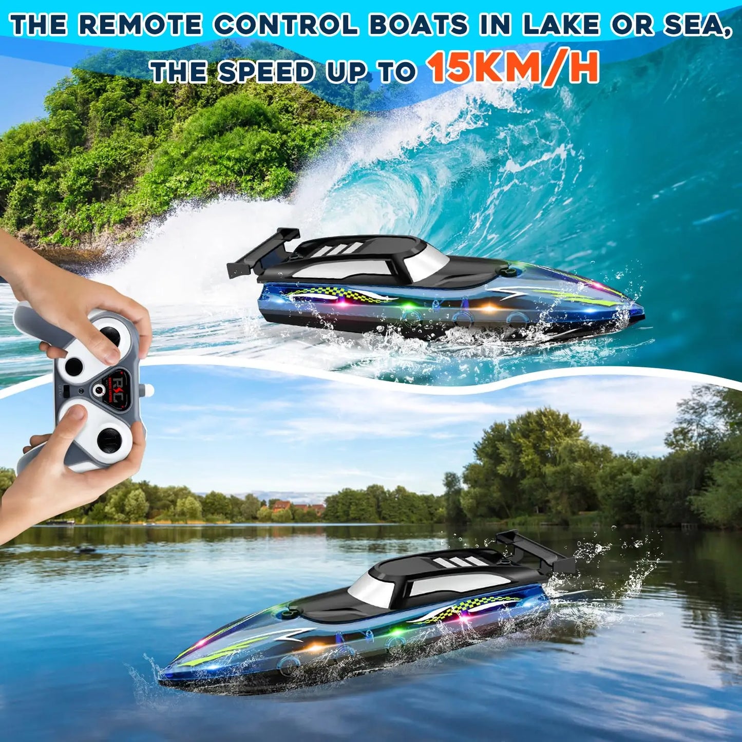 RC Boat with LED Light, 2.4GHz Full Proportional Remote Control Boat for Pool & Lake – 30 Min Run Time,Kids Toys & Birthday Gift