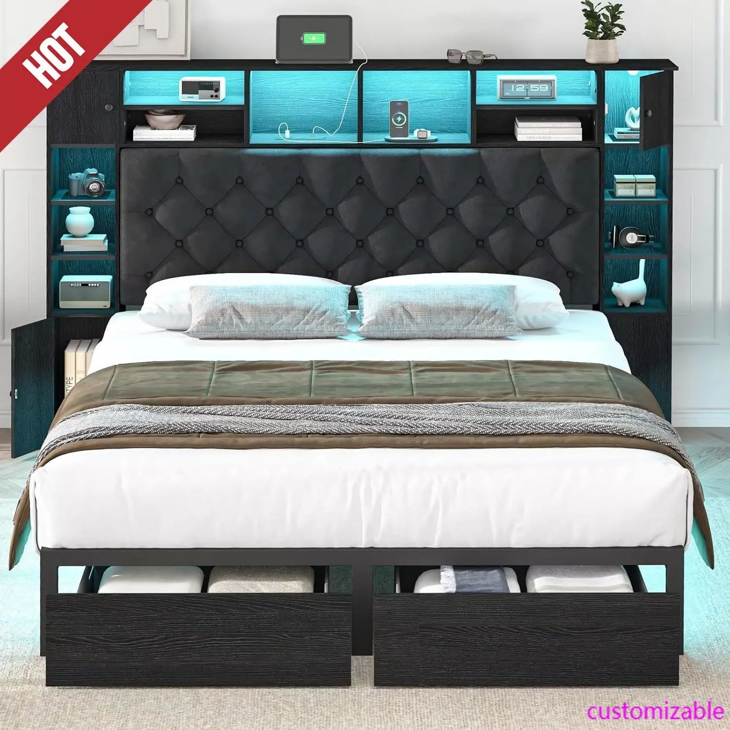 Queen Bed Frame with Bookcase Headboard and Storage Drawers, 51.2" Metal Platform Queen Size Bed Frame , Black