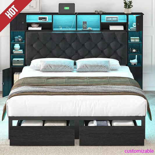 Queen Bed Frame with Bookcase Headboard and Storage Drawers, 51.2" Metal Platform Queen Size Bed Frame , Black
