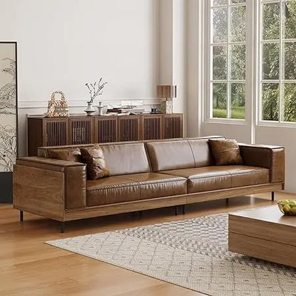 Mid-Century Modern Leather Sofa 111.81 with Wooden Accents on Sides & Back, Spacious 3 - Seat Couch for Living Room, Bedroom