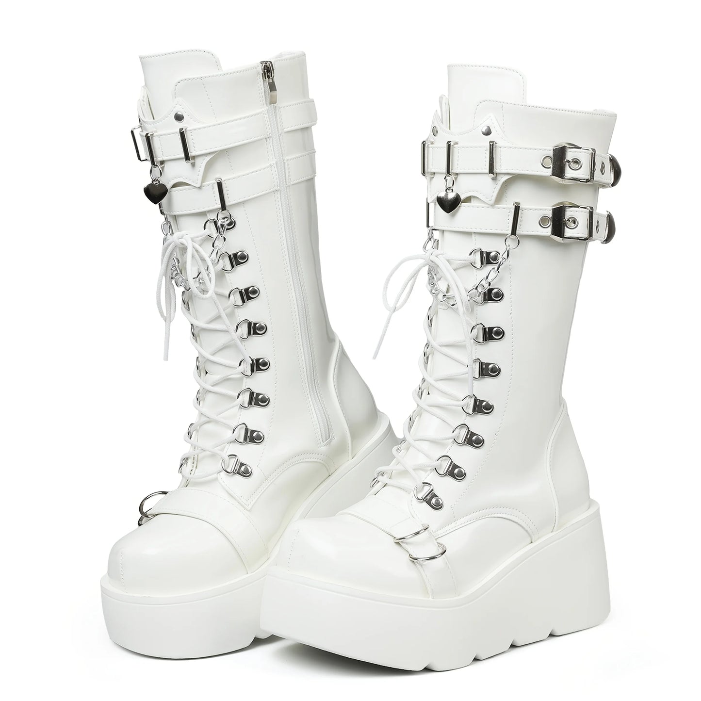 Women's Gothic Punk Combat Boots Wedge Heel Round Toe Mid-Calf Booties with Side Zipper Y2K Gothic Fashion LadiesDress Footwear,