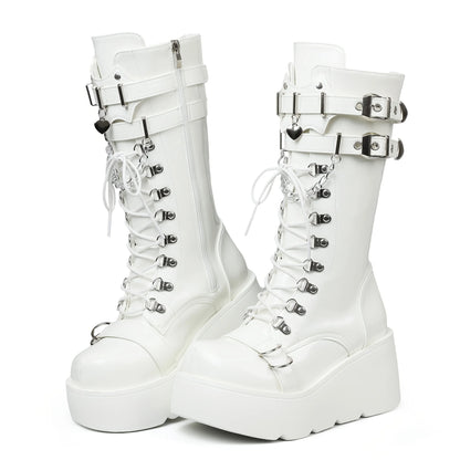 Women's Gothic Punk Combat Boots Wedge Heel Round Toe Mid-Calf Booties with Side Zipper Y2K Gothic Fashion LadiesDress Footwear,