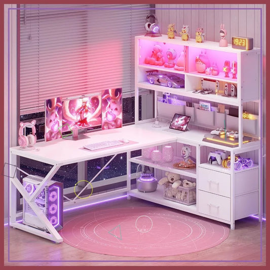 L-Shaped Gaming Desk with LED Lights, Glass Cabinet, Storage Shelves & Drawers, White Home Office Computer Corner Desk