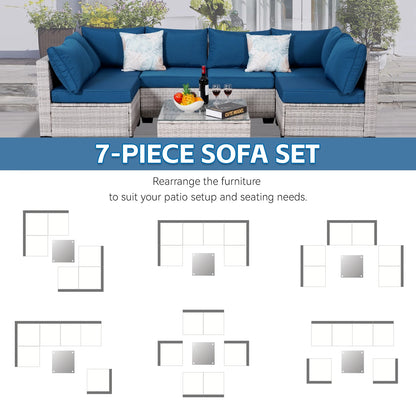 NAGA BAHNA Outdoor Patio Furniture, 7 Piece Outdoor Sectional Sofa PE Rattan Wicker Patio Conversation Sets with Thick Cushions