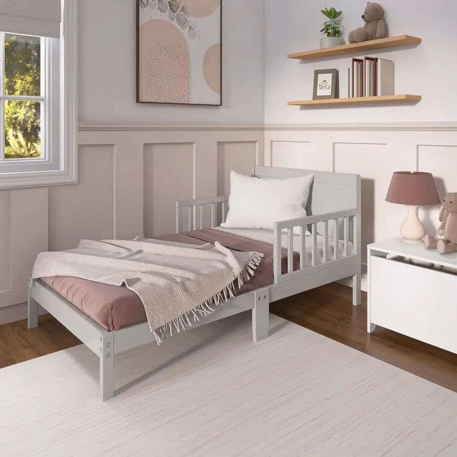 Dream On Me Brookside Wooden Toddler Bed in Pebble Grey, Greenguard Gold JPMA Certified, Kids Bed with Safety Rails, LowtoFloor