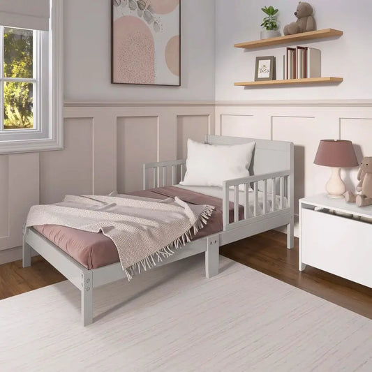 Dream On Me Brookside Wooden Toddler Bed in Pebble Grey, Greenguard Gold JPMA Certified, Kids Bed with Safety Rails, LowtoFloor