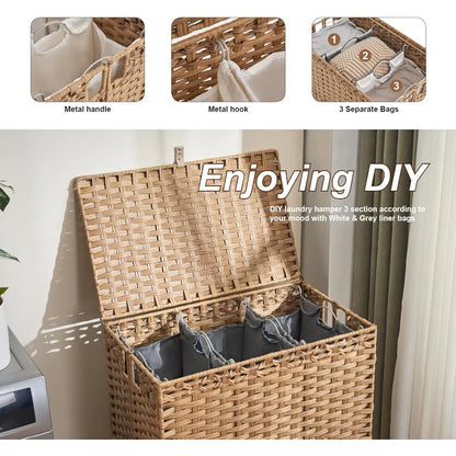 Large 190L 3-Section Laundry Hamper with 6 Detachable Liner Bags and 3 Mesh Bags, Handwoven Rattan Design