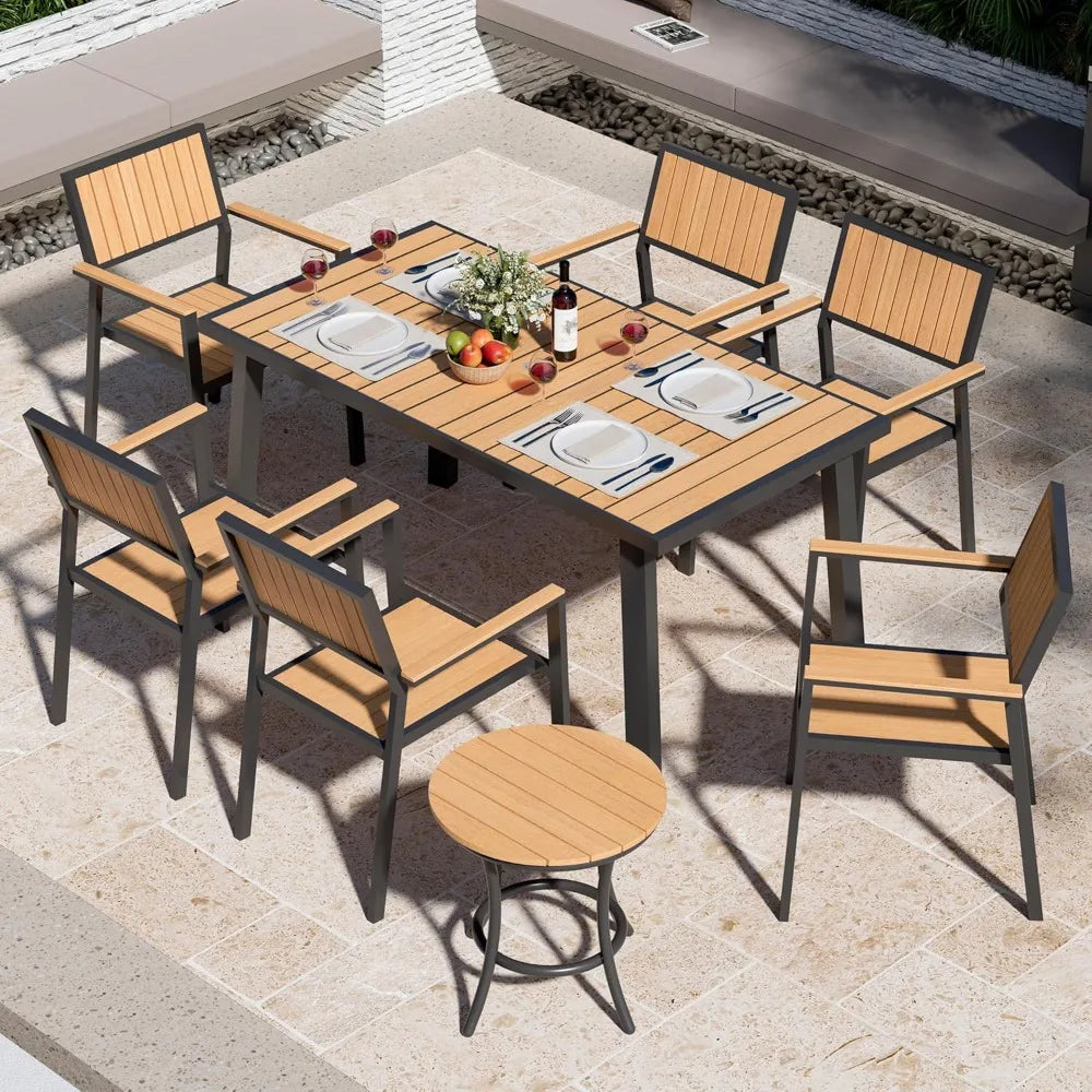 Outdoor Aluminum Furniture Set,8-Piece Patio Dining Set with 6 Outdoor Stackable Chairs and Plastic-Wood Table Top,Outdoor Furn