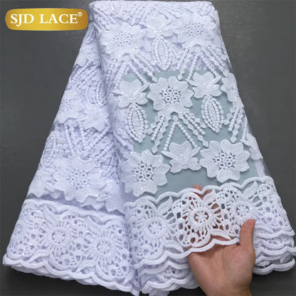SJD LACE African Milk Silk Lace Fabric 2025 High Quality Nigerian White Mesh Embroidery Lace for Sewing Women Wedding Dress 4043