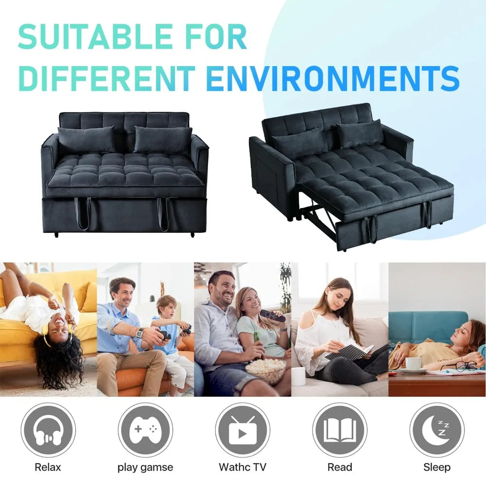 3 in 1 Convertible Sleeper Sofa Bed, Futon Couches for Living Room with Side Pocket | Adjustable Backrest| Velvet, Customized