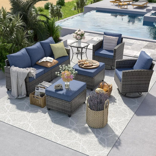 6pc Gray PE Rattan Sectional Sofa Set Swivel Chair & Side Table 4" Cushions Patio Garden, Customized